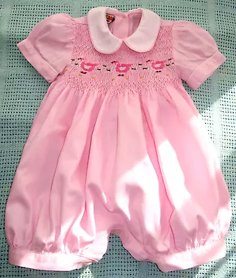 Pink Smocked Party Romper All In 1 Romany Play Suit Ducks Baby Girl 0-3 M Mafana • £18.95