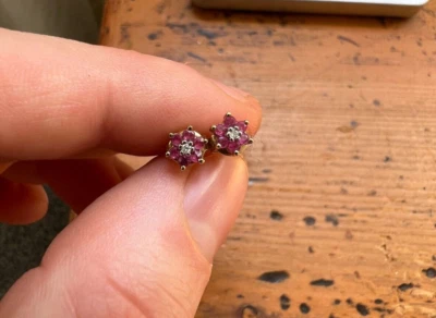 £22 • Buy Floral Round Ruby & Diamond Cluster Stud Earrings In 9ct Yellow Gold
