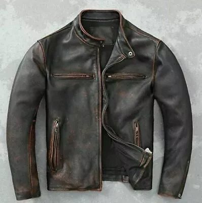 Men’s Motorcycle Biker Vintage Cafe Racer Distressed Brown Real Leather Jacket • $25