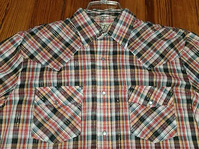 Vintage Mens Pearl Snap Shirt PJ Western Size M Rockabilly Mareh Plaid Cowboy • $21.50