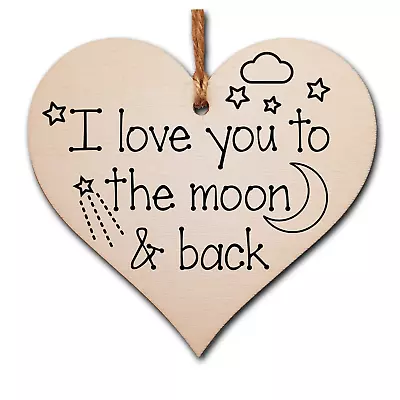 Handmade Wooden Hanging Heart Plaque Gift Love You To The Moon And Back New Baby • £3.49