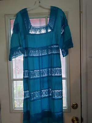 Vintage Mexican Wedding Dress Aqua Hand Made Lace Tiny Sewn Pleats Sz Med Maxi • $150