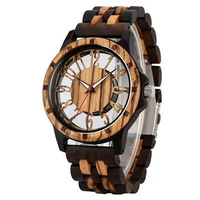 Luxury Full Wooden Quartz Wood Watch For Men Unique Hollow Dial Wristwatches • $40.69