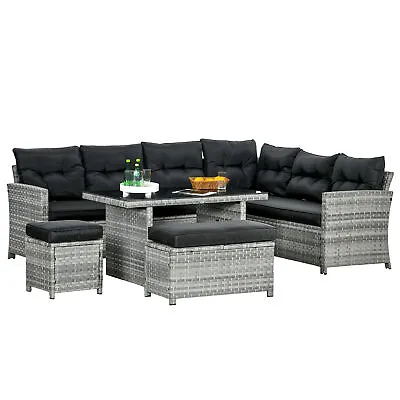 Outsunny 5 PCs Rattan Garden Furniture Set With Stools Table Cushion Grey • £588.99