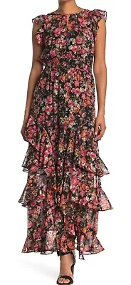Rachel Roy Issa Chiffon Black Floral Print Tiered Ruffle Maxi Dress Size 0 • $24.99