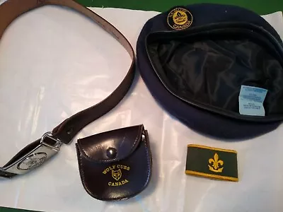 Vintage Boy Scouts Official Cub Belt 28/30  & Leather Pouch & BERET WOGGLE   • $29.12