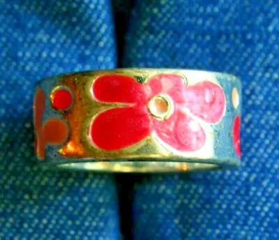 Fabulous Floral Pink Enamel Silver-tone Band Ring 1980s Vintage Size 7 • $12.95