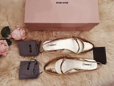 Miu Miu Metallic Gold Flat T Bar Mary Jane Slingback Shoes BNIB £450 UK 5 38 • £175