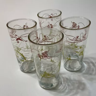 4 Vintage Hazel Atlas 12oz Drinking Glasses Tumblers  Painted Fishing Pics 6” • $29.99