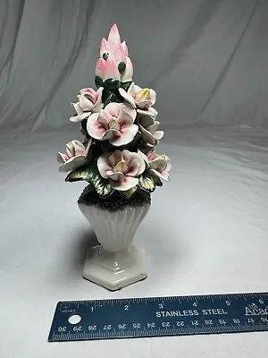 Capodimonte Style Flower Topiary Ceramic Pink Roses In White Urn Vase Vintage • $49.99
