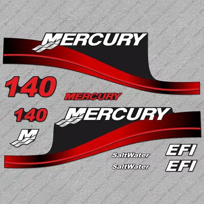 Mercury 140 Hp EFI Saltwater Outboard Engine Decals RED Sticker Set Reproduction • $51.29