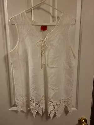 V Cristina Women's Sz L Sleeveless Blouse White Cotton Crochet  • $24