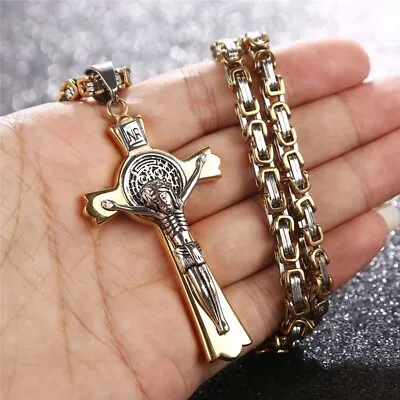 Stainless Steel Saint Catholic Benedict Crucifix Cross Pendant Necklace For Men • $10.90
