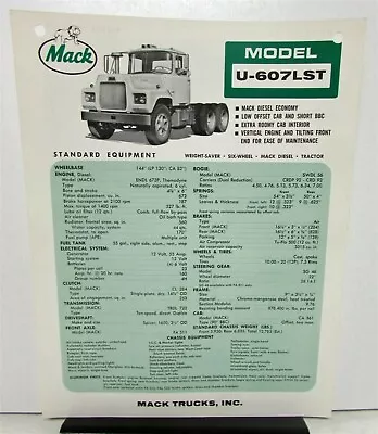 1965 Mack Truck Model U 607LST Specification Sheet • $13.69