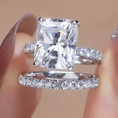 3.56CTW Radiant Cut Moissanite Engagement Bridal Ring Set 14k White Gold Plated • $174.72