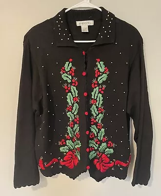 VTG Arriviste Sweater Womens L Black Cardigan Christmas Holly Embroidered Bead • $29.99