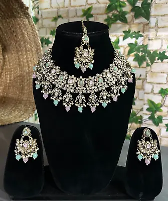 Indian Bollywood Gold Plated Kundan Mirror Bridal Necklace Earrings Jewelry Set • $29.36