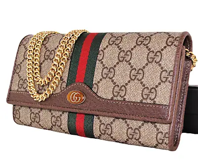 $485 • Buy NWT Gucci Ophidia Chain Wallet In GG Supreme With GG & Brown Leather Trim