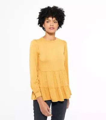 New Look Mustard Long Sleeve Tiered Peplum Top. Size - 8 • £8.82