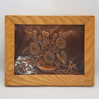 Vintage Hammered Copper Pressed Embossed Still Life Floral & Deer Decor Wall Art • $25.08