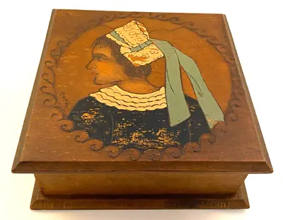 Vintage Hinged Wooden Box French Woman Hand Crafted Brittany 7.5  Artist Signed • $35