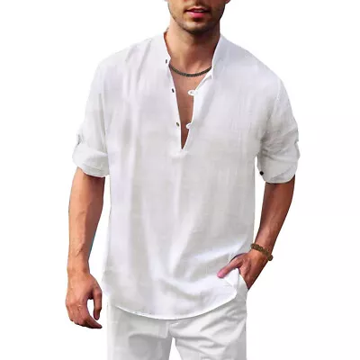 Blouse Tops Tunic Shirts T-Shirt Casual Men Cotton Linen Long Sleeve Beach D • £13.21