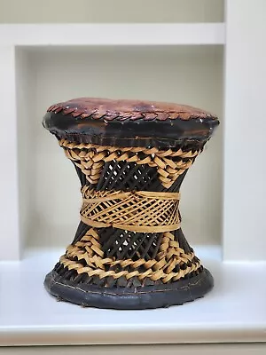 Vintage African Wicker/Leather Stool/Drum/Table With Stand - Boho Tribal Rattan • $74.99