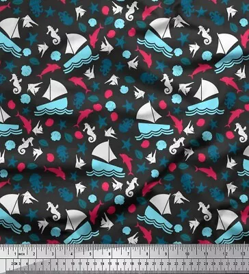 Soimoi Cotton Poplin Fabric Yacht|Dolphin & Jellyfish Ocean Fabric-c0n • $9