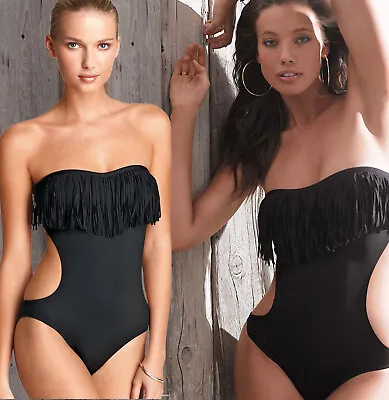 L Space Free Love Prima Donna Black Fringe Bandeau Monokini Swimsuit L • $82.50