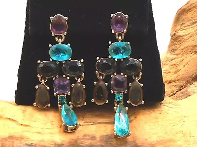 Vintage Monet Chandelier Crystal Multi Color Drop Earrings • $27.50