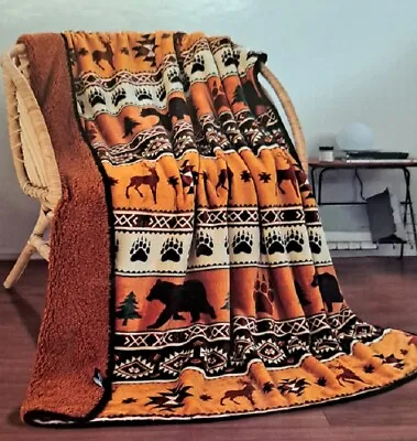 New Rust Orange Lodge Plush Fleece Throw Gift Blanket Sherpa Bear Paw Deer Cabin • $21.56