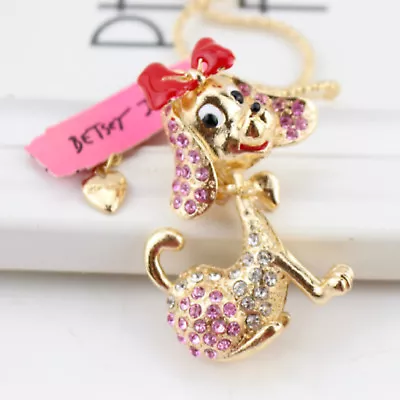 Betsey Johnson Pink Crystal Dachshund 3D Dog Gold Pendant Necklace Free Gift Bag • $35.99