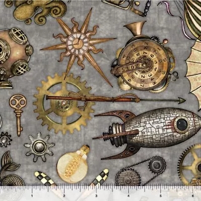 Steampunk Adventures•Steampunk Toss Fabric! 1 Yd X 44  Cotton BTY•Grey/Multi • $12.99