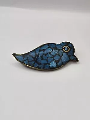 Vintage Mosaic Turquoise Stone Bird Brooch Brass C Clasp Pin • $25
