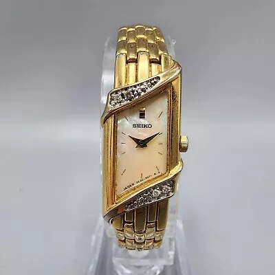 VTG Seiko Watch Women 14mm MOP Dial Gold Tone Diamond Bezel Rectagnle New Batt • $149.99