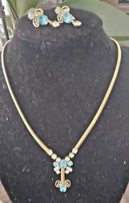 VINTAGE ESTATE Van Dell Gold Filled Necklace + Earrings Set Aqua Blue (X) • $45.50