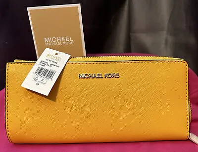 NEW Michael Kors Large Jasmine Yellow Saffiano Leather Quarter Zip Wallet • $79