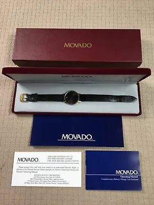 Movado Museum SWISS 14K Gold Black Dial Leather Strap Ladies Watch 70.42.887 EUC • $999.99