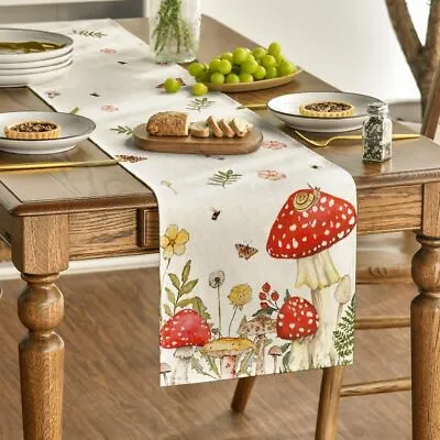 Mushroom Wildflowers Spring Table Runner Seasonal Summer Bees Butterfly Kitchen • $13.32