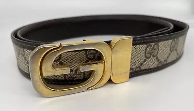 1970s GUCCI DOUBLE G GOLD REVERSIBLE BUCKLE 165646 LEATHER TRIMMED GG LOGO BELT • $112.49