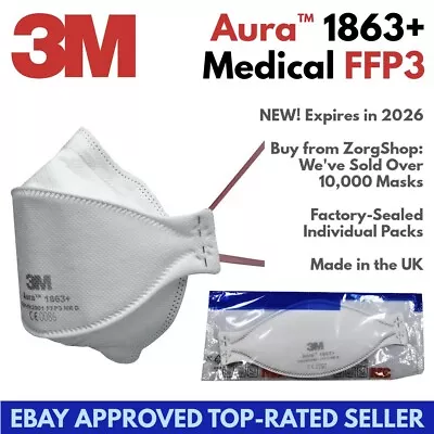 3M Aura 1863+ FFP3 Respirator N99 Medical Face Mask IIR Unvalved - EXPIRY 2026 • £3.75