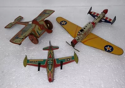 Lot Of 3 Tin Litho Airplane Girard Gotham Toys Wind-Up U.S.A. Plane Jet • $99