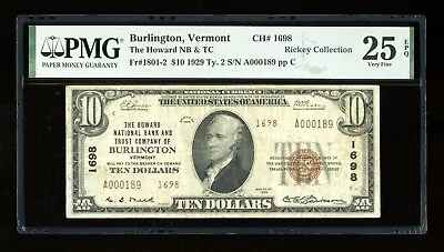 DBR 1929 $10 Burlington VT Type 2 National Fr. 1801-2 PMG 25 EPQ Serial A000189 • $398.75