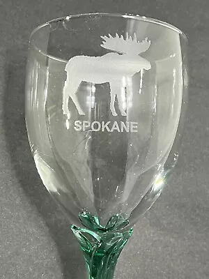 VTE Libbey Emerald Green & Clear  Etched Wine Souvenir Glass Spokane Moose🍷💦 • $8.95