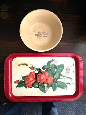 Vintage Watt Apple Bowl And Metal Tray From Meyer's Dairy Pierz MN • $36.99