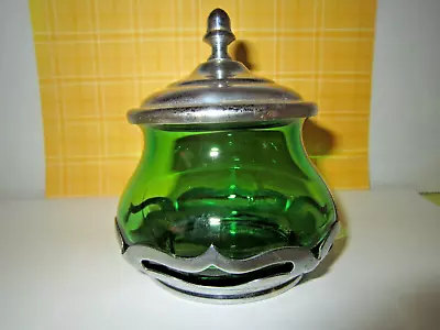 Vintage Krome-Kraft Farber Bros. Green Glass Container W/ Lid - Sugar Bowl/Dish • $24.95