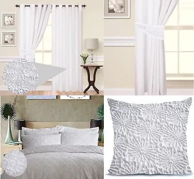 Embossed Duvet Cover Set Curtains Cushions Matching Astra White Floral Non Iron • £48.99