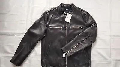 New Theory Men's Wynmore Two Way Zip Lamb Leather Black Moto Jacket Size L • $399.99