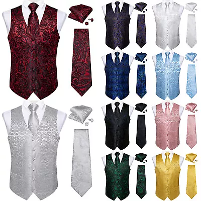 Mens Waistcoat Red Blue Paisley Christmas Vest Suit Hanky Tie Set Wedding S-3XL • $19.99