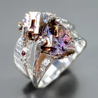 Handmade Natural Bismuth Ring 925 Sterling Silver Size 8.5 /R346919 • $19.99